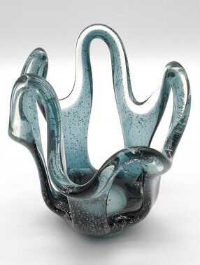 Vintage Hand Blown Art Glass Splash Vase Candle Holder Ombre Blue Sparkle MCM